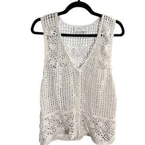 Casual Corner & Co Crochet Vintage Vest S/M White Cotton Boho Beach Summer Layer